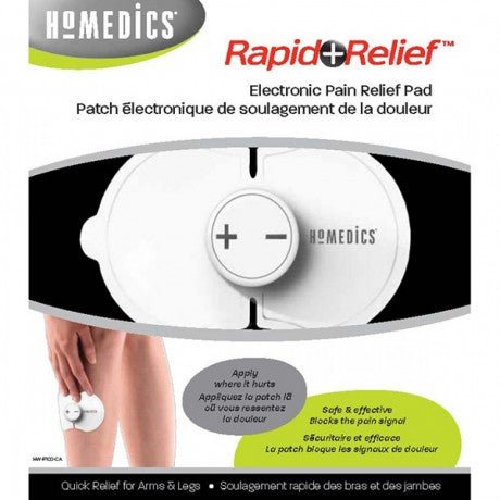Homedics Rapid Relief electronic pain relief pad packaging with branding and product details. - okotoks hc pharmacy