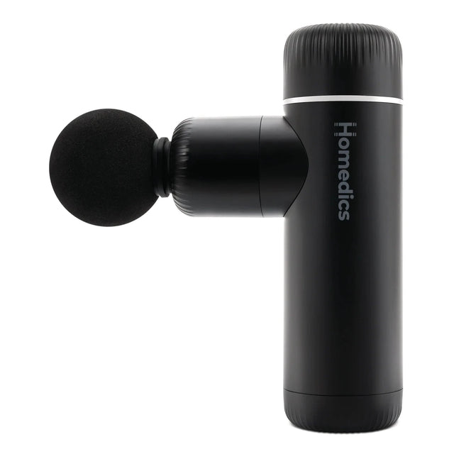 Black massage gun with 'Homedics' branding on a white background - okotoks hc pharmacy