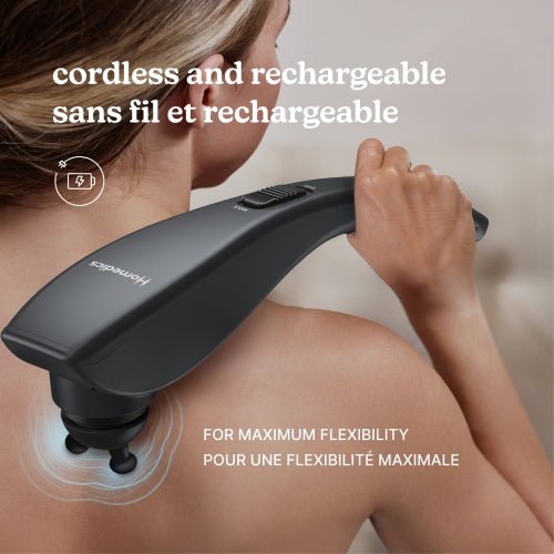 Person using a handheld massager on their shoulder with text indicating cordless and rechargeable features. - okotoks hc pharmacy