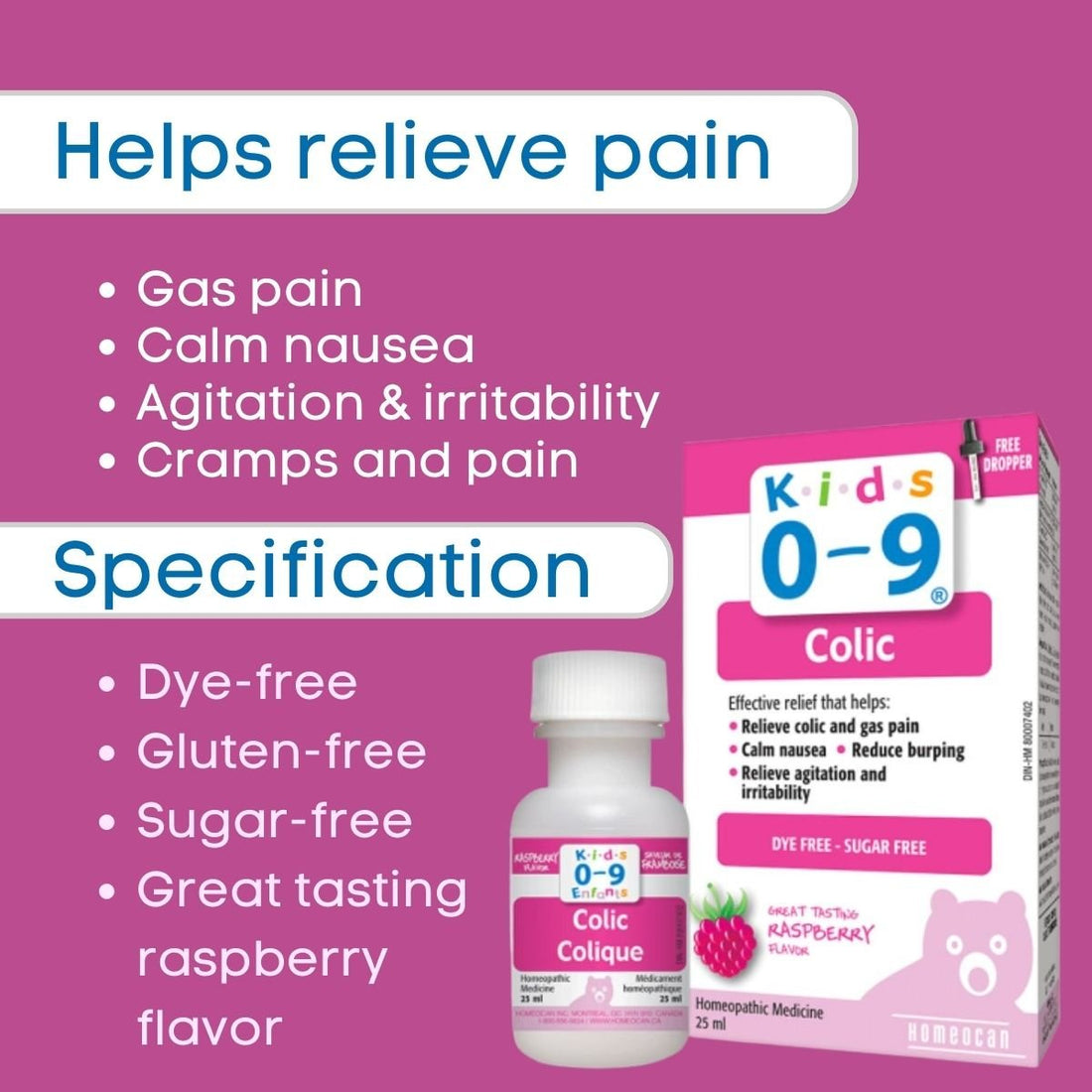 Product packaging for Kids 0-9 Colic with bottle and box on a pink background - okotoks hc pharmacy