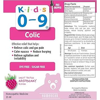 Homeocan Kids 0-9 Colic medicine label with pink and white design. - okotoks hc pharmacy