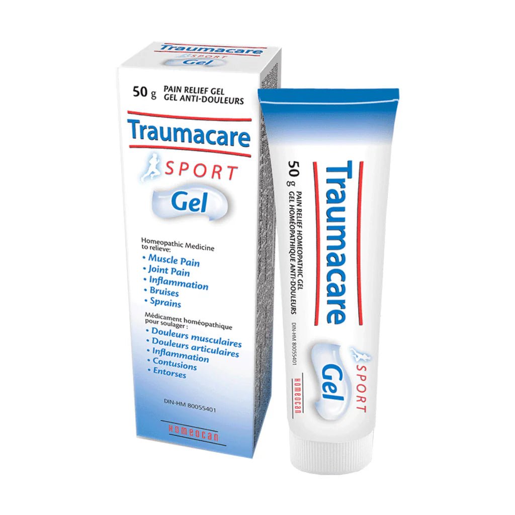 Traumacare Sport Gel tube and packaging on a white background - Okotoks HC Pharmacy