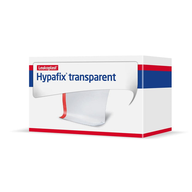 Box of Hypafix transparent adhesive bandages with Leukoplast branding on a white background - okotoks hc pharmacy