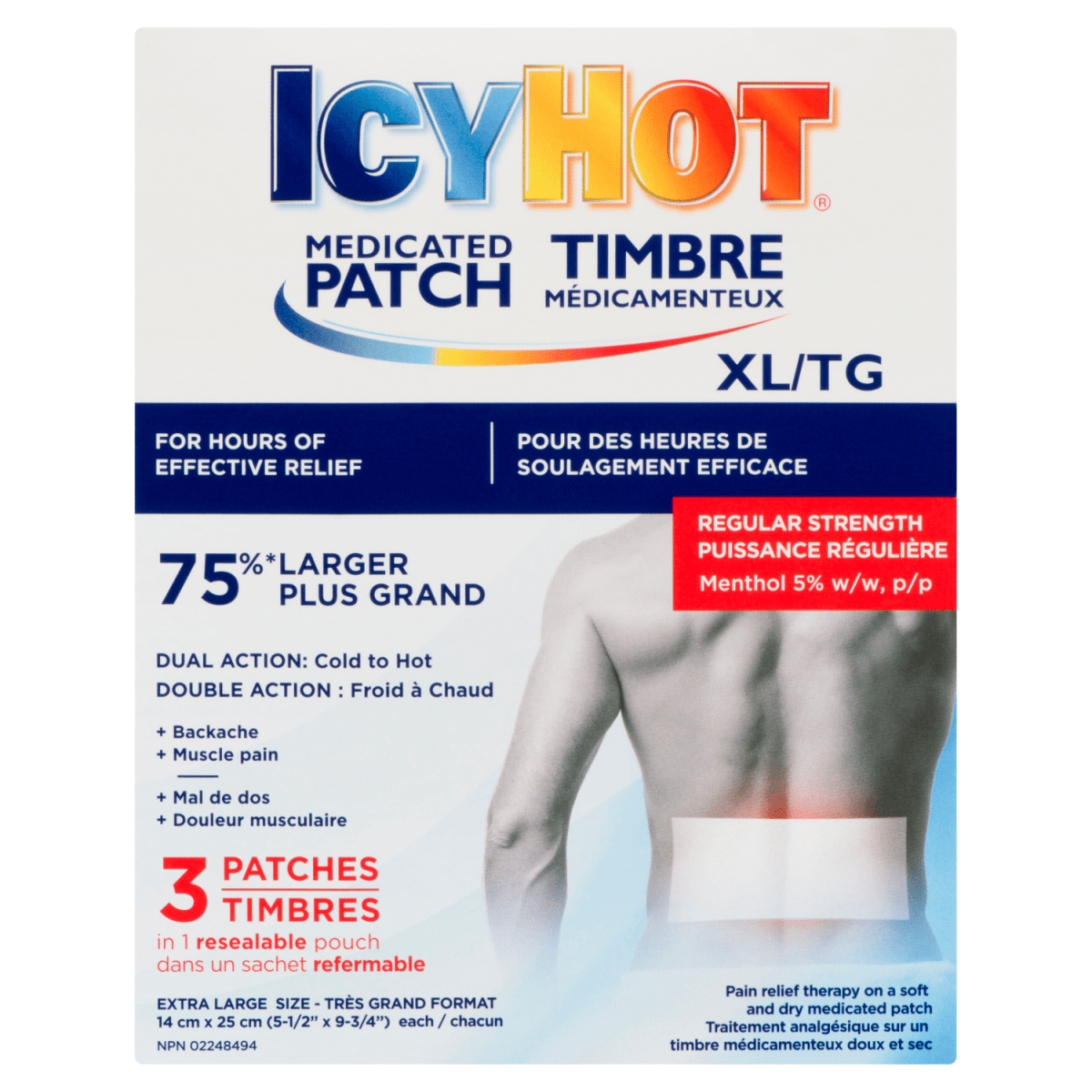Icy Hot Medicated Patch packaging with a person wearing a patch on their back. - Okotoks HC Pharmacy