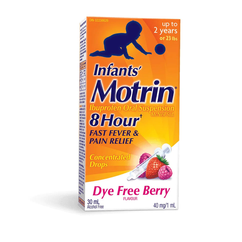 Box of Infants' Motrin Dye Free Berry flavor on a white background - okotoks hc pharmacy
