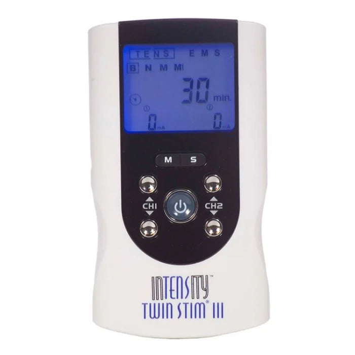 Intensity Twin Stim III TENS/EMS device with a white body, black control panel, and blue backlit display screen, shown on a plain white background. - okotoks hc pharmacy