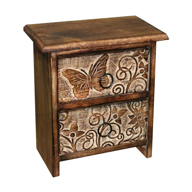 Wooden jewellery box with butterfly and floral patterns on a white background - okotoks hc pharmacy