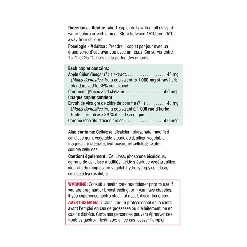 A white rectangular card with black text containing directions and product details for a dietary supplement, including English and French text, ingredient amounts, and a warning. - okotoks hc pharmacy