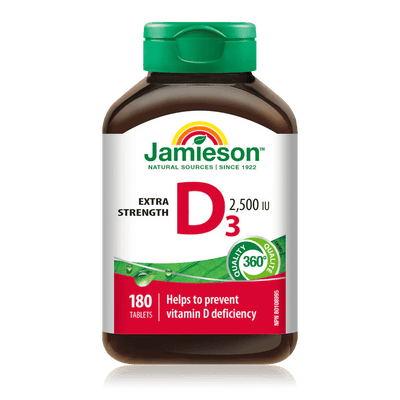 Jamieson Extra Strength D3 supplement bottle on a white background - Okotoks HC Pharmacy