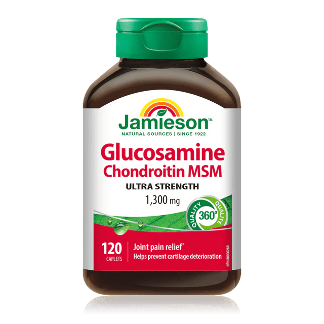 Bottle of Jamieson Glucosamine Chondroitin MSM supplement on a white background - okotoks hc pharmacy