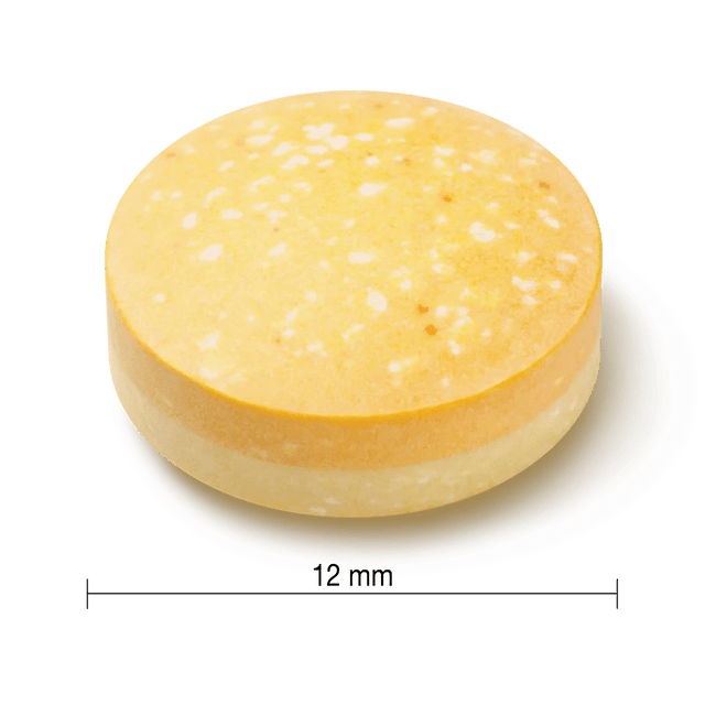 Round yellow soap bar with white specks on a white background, showing a measurement of 12 mm. - okotoks hc pharmacy