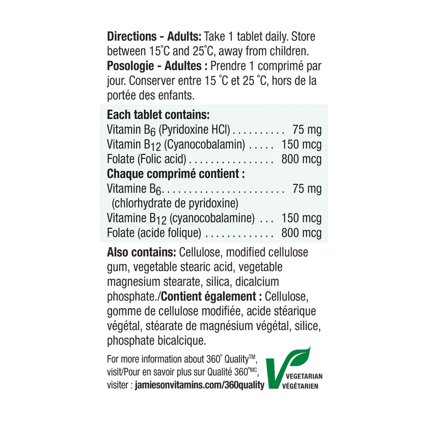 Jamieson Vitamin B6 + B12 & Folic Acid ingredients - okotoks hc pharmacy