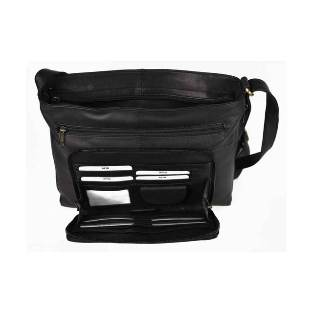 Black leather bag with multiple compartments on a white background - okotoks hc pharmacy
