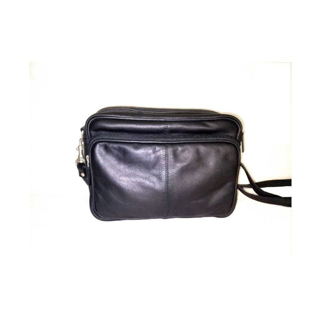 Black leather crossbody bag on a white background - okotoks hc pharmacy