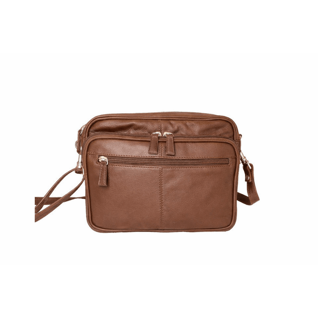 Brown leather crossbody bag on a white background - okotoks hc pharmacy
