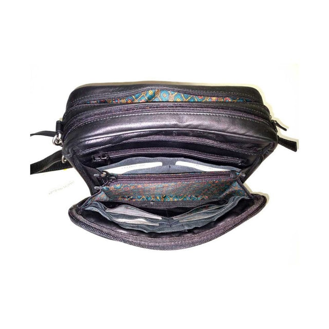 Open black leather handbag with floral pattern on a white background - okotoks hc pharmacy