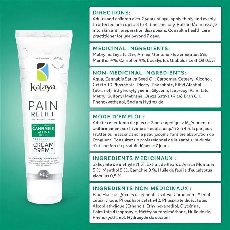 Kalaya Pain Relief Cream packaging with ingredient and usage information on a green background - okotoks hc pharmacy
