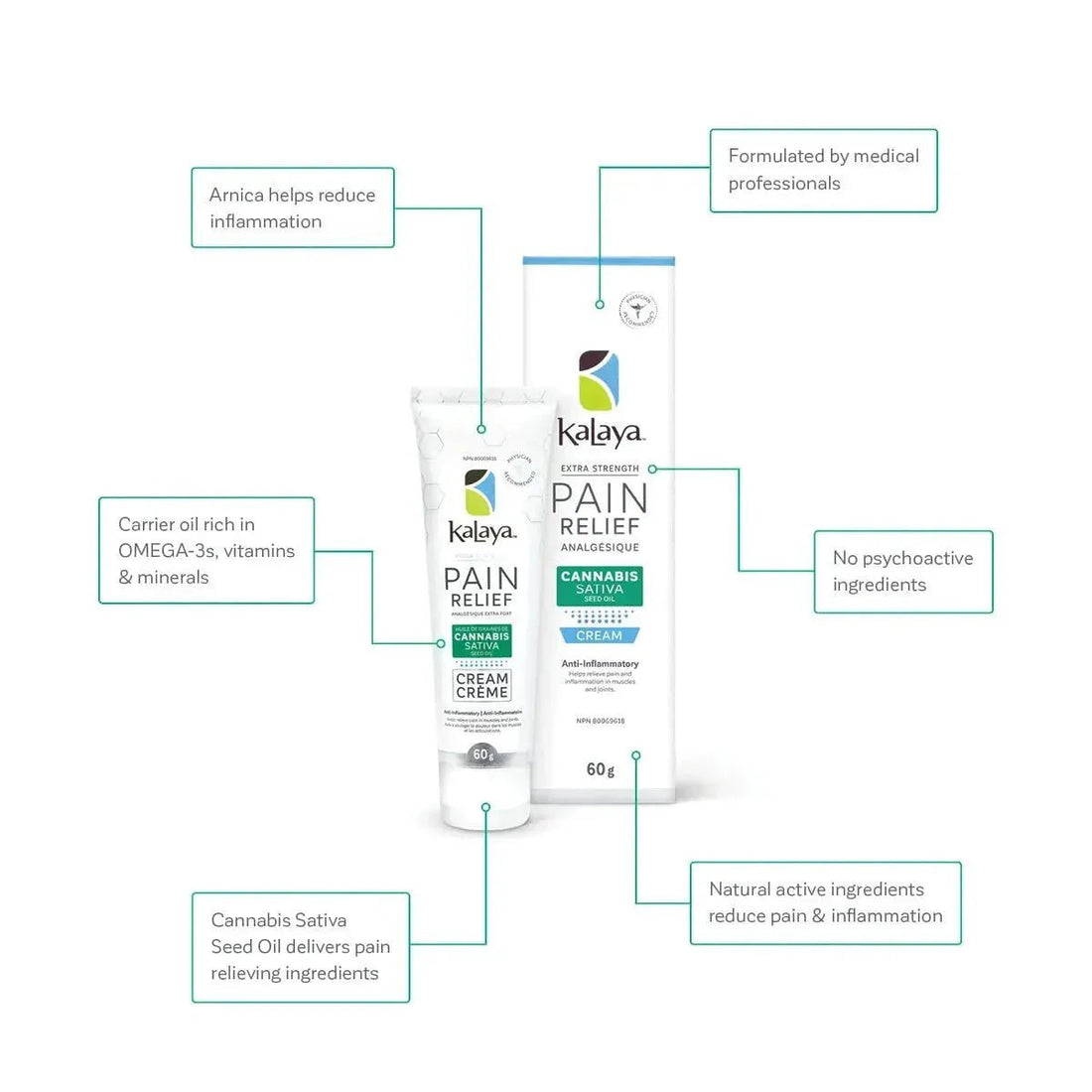 Kalaya Pain Relief cream packaging with features highlighted on a white background - okotoks hc pharmacy