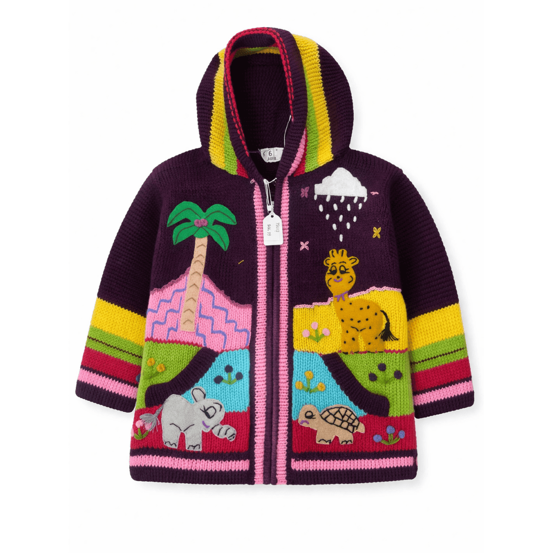 Colorful children's hoodie with animal and nature patterns on a white background - okotoks hc pharmacy