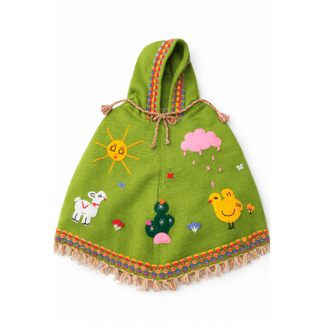 Green children's hooded dress with colorful animal and nature-themed appliquรฉs on a white background - okotoks hc pharmacy