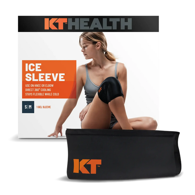 KT Health ice sleeve with packaging and a woman using it on a white background - okotoks hc pharmacy