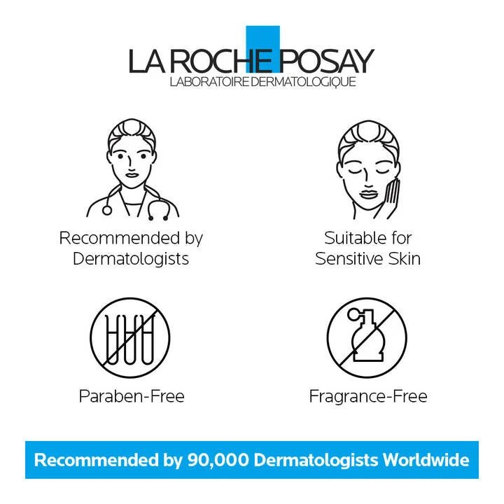 La Roche-Posay branding with icons indicating recommended by dermatologists, suitable for sensitive skin, paraben-free, and fragrance-free. - okotoks hc pharmacy