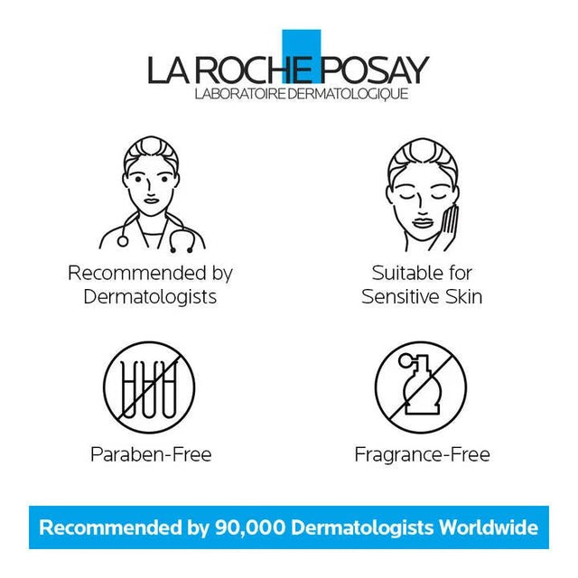 La Roche-Posay branding with icons indicating recommended by dermatologists, suitable for sensitive skin, paraben-free, and fragrance-free. - okotoks hc pharmacy