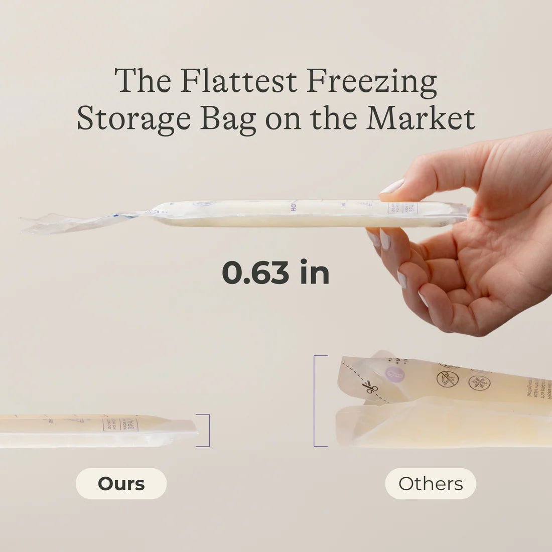 Hand holding a flat freezing storage bag with text comparing it to 'Others' on a light gray background. - okotoks hc pharmacy