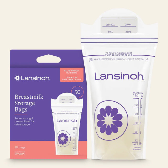 Lansinoh breastmilk storage bags packaging and bags on a white background - okotoks hc pharmacy