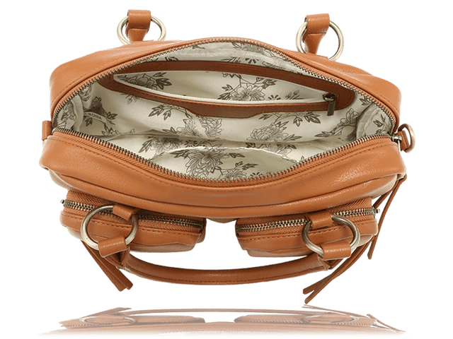 A tan leather shoulder bag shown open from the front, displaying its interior with a floral toile-patterned lining, multiple zippered compartments, and gold-tone hardware. - okotoks hc pharmacy