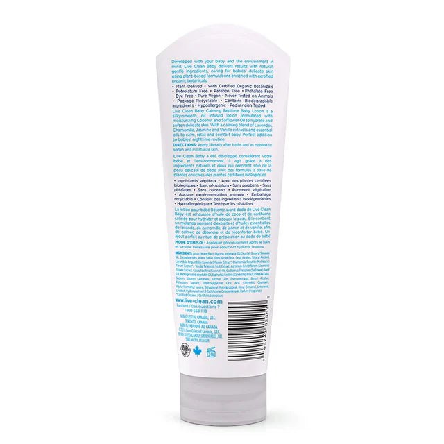 Back view of a baby lotion bottle with text on a white background - okotoks hc pharmacy