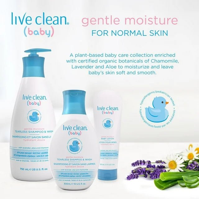 Live Clean baby product line with bottles and botanical elements on a white background - okotoks hc pharmacy