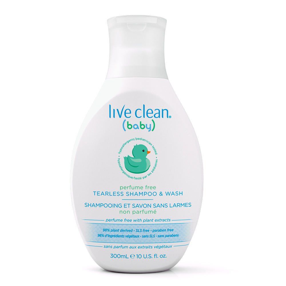 Baby shampoo and wash bottle labeled 'live clean (baby)' on a white background - okotoks hc pharmacy