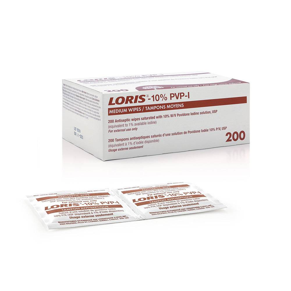 Box of LORIS 10% PVP-I antiseptic wipes on a white background - okotoks hc pharmacy