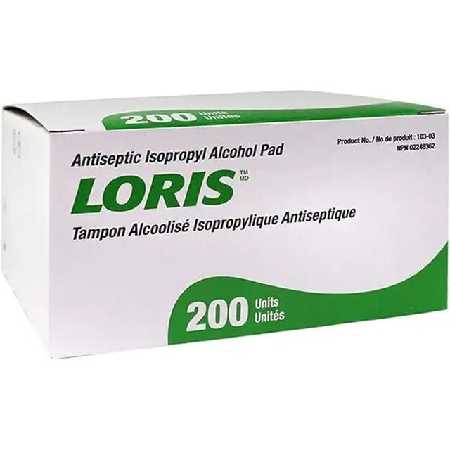 Box of LORIS antiseptic isopropyl alcohol pads with green and white design.