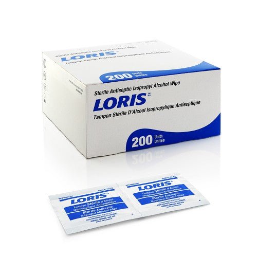 Box of LORIS sterile antiseptic isopropyl alcohol wipes on a white background - okotoks hc pharmacy
