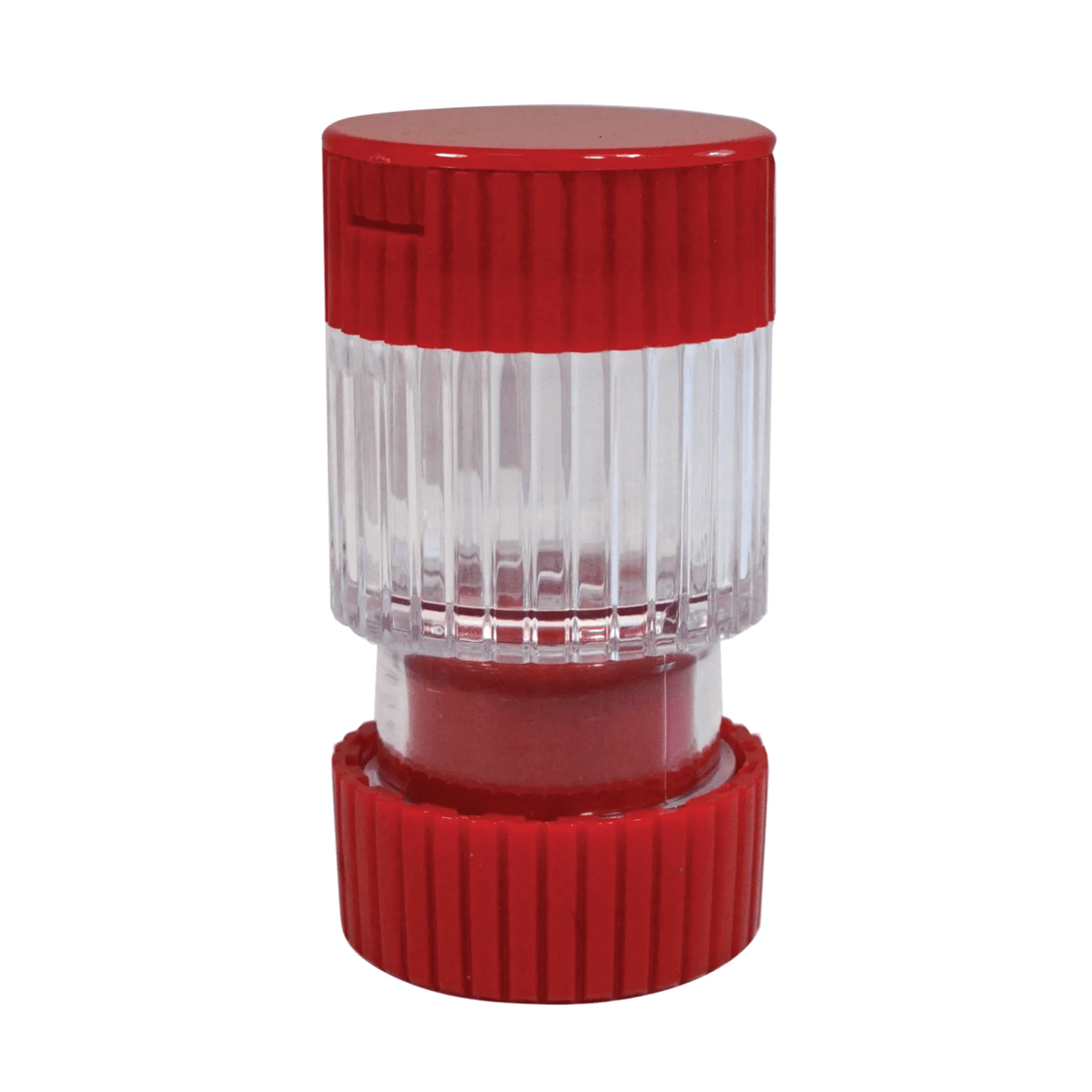 Red and clear cylindrical pill box on a white background - okotoks hc pharmacy