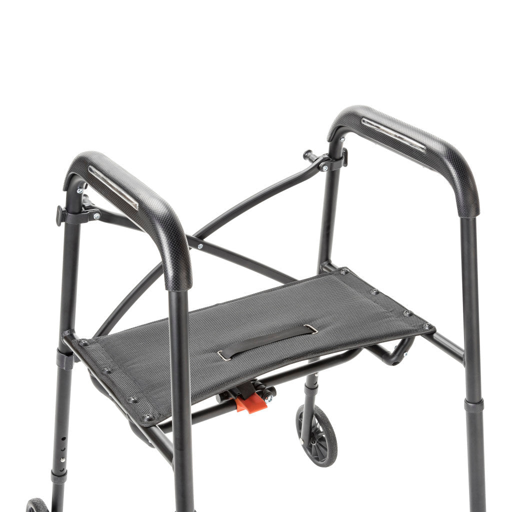 Black walker with seat on a white background - okotoks hc pharmacy