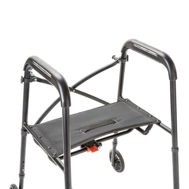 Black walker with seat on a white background - okotoks hc pharmacy