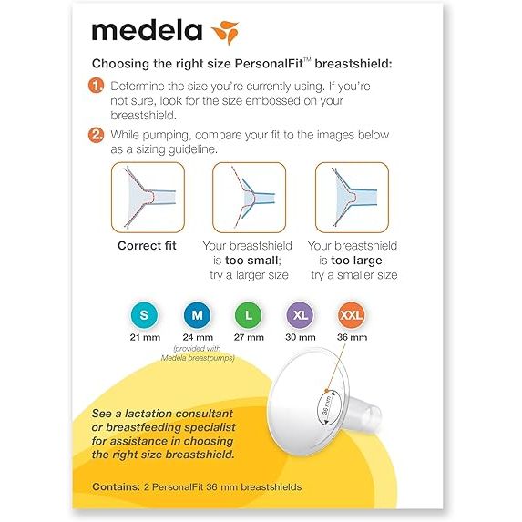 Medela PersonalFit breastshield size chart with illustrations and measurements. - okotoks hc pharmacy