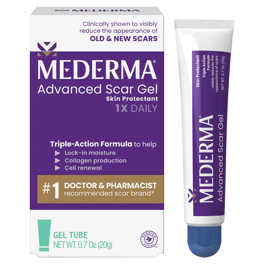 Mederma Advanced Scar Gel packaging and tube on a white background - okotoks hc pharmacy