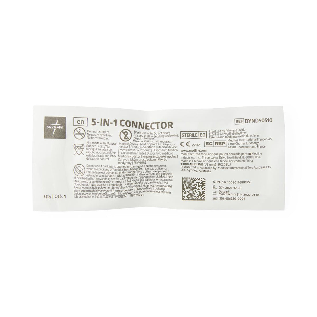 Package of a 5-in-1 connector with text and logos on a white background - okotoks hc pharmacy