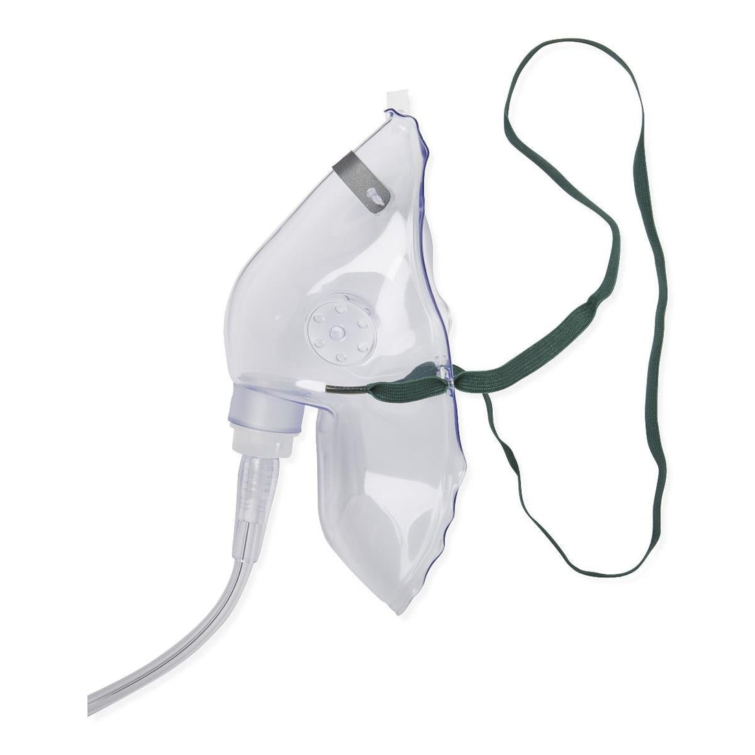 Clear plastic oxygen mask with a green strap on a white background - okotoks hc pharmacy