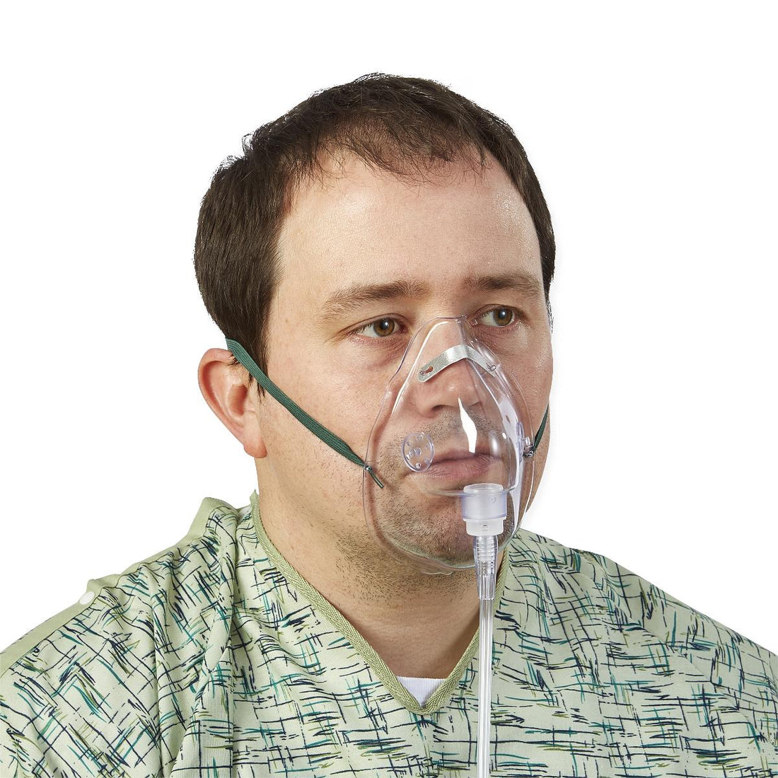 Man wearing an oxygen mask on a white background - okotoks hc pharmacy