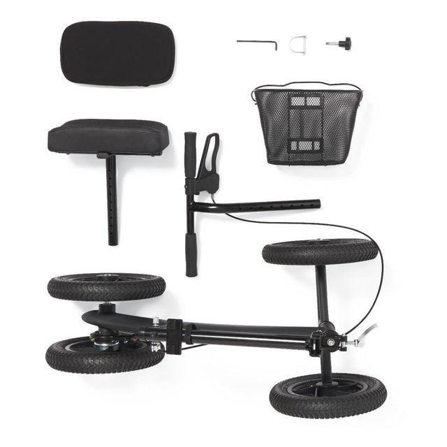 Black scooter with various attachments on a white background - okotoks hc pharmacy