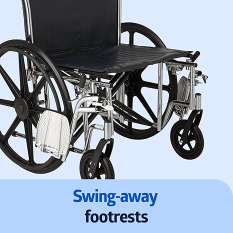 Wheelchair with swing-away footrests on a light blue background - okotoks hc pharmacy