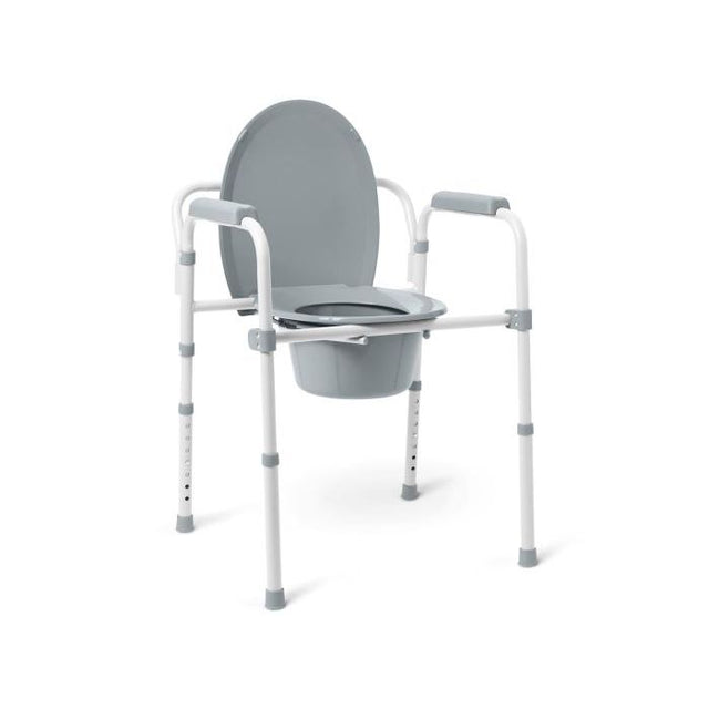 Gray commode chair with white frame on a white background - okotoks hc pharmacy