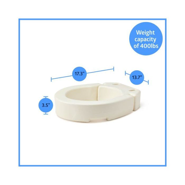 White toilet seat with measurements and weight capacity label on a white background - okotoks hc pharmacy