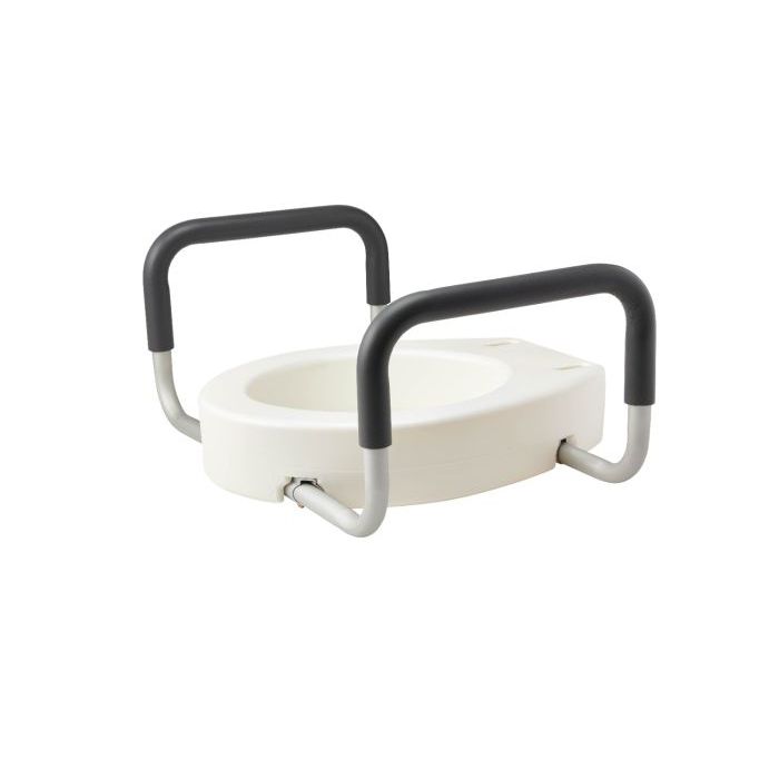 White toilet seat with black handles on a white background - okotoks hc pharmacy