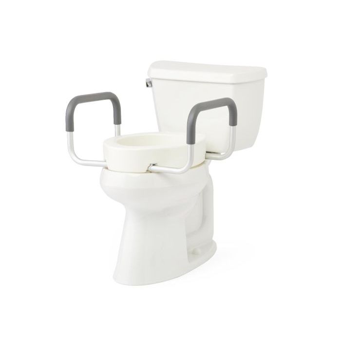 White toilet with a raised seat and gray handles on a white background - okotoks hc pharmacy